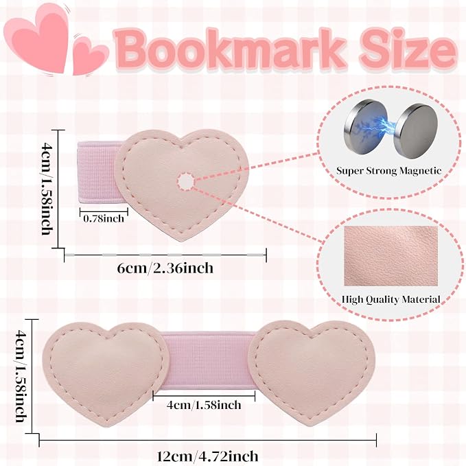 Magnetic Leather Heart Bookmarks with Pen Holder - Winjeto 2 Pieces Cute Book Marks for Reading Women Kids Accessories, Book Lovers Gifts for Friends Teacher School Office Supplies with Gift Box, Pink