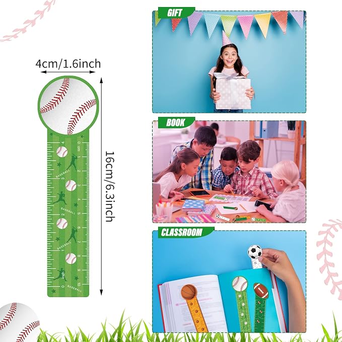 Teling 48 Pcs Cute Sports Bookmark Rulers Back to School Bulk Sport Themed Reading Ruler Birthday Party Favor Gift for Kids Student Teens Baseball Soccer Basketball Football Classroom Prize Supplies