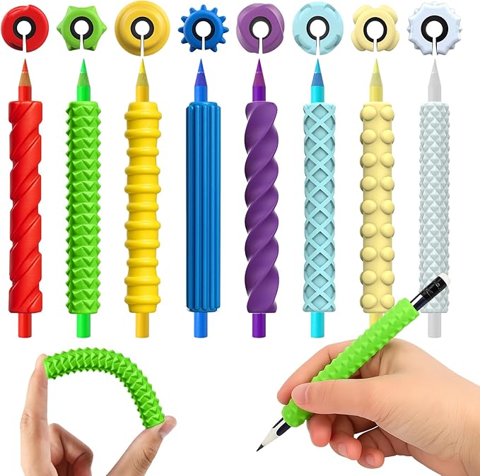 BUSOHA 8 Pack Textured Silicone Pencil Grips - Textured Sensory Fidget Squishy Pencil Grips for Handwriting ADHD Tools Gift for Anxiety Relief Items Stocking Stuffers