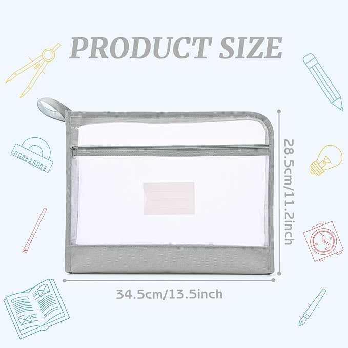 Mesh Zipper Pouch Bag with Handle, A4 Sized Double-Layer Clear Nylon Document Bags with Label, 14 x 10 in File Puzzle Storage Organizer for School Office Travel Supplies (Gray)