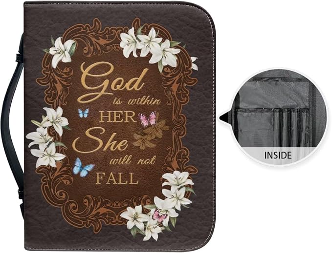 Retro Style Lily and Cross Bible Case with Bookmark Waterproof Bible Cover Case for Women Lightweight Bible Bag with Handle Pockets Church Book Bag Grey