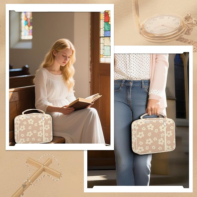 shirabags Bible Cover Case for Women, Corduroy Bible Bag Tote with Handles, Soft Floral Book Cover Large Size, Study Carrier Bag Case Christian Gifts for Women (Brown Wuban Floral, M)
