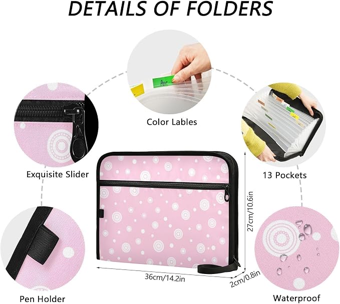 Abstract Round Pink File Folders,Plastic Folders with 13 Pockets,Expandable File Folder for Documents School Students Office,Aesthetic Folder with Labels A4 Letter Size