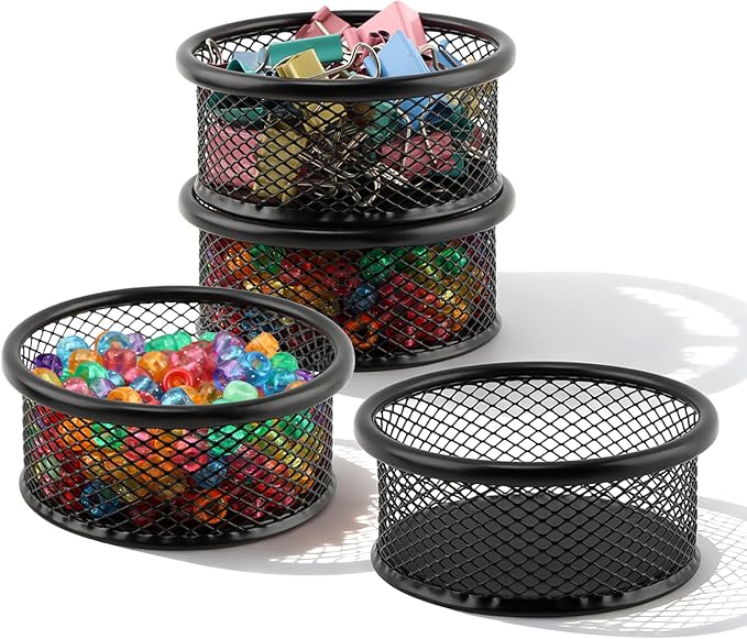 Paper Clip Holder, Stackable Mesh Desk Organizer, 4 Pack Black Metal Dispenser Organizer Box for Desk Office Binder Supplies & Small Accessories(SIZE:Round)