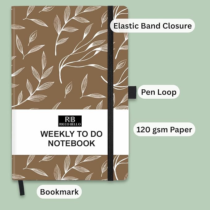 RICCO BELLO Undated Weekly Planner To Do Notebook | Hardcover, for Work, School, Home with Pen Holder, Bookmark, Band Closure, Storage Pocket, 5.7 x 8.4 Inches (Brown Leaf)