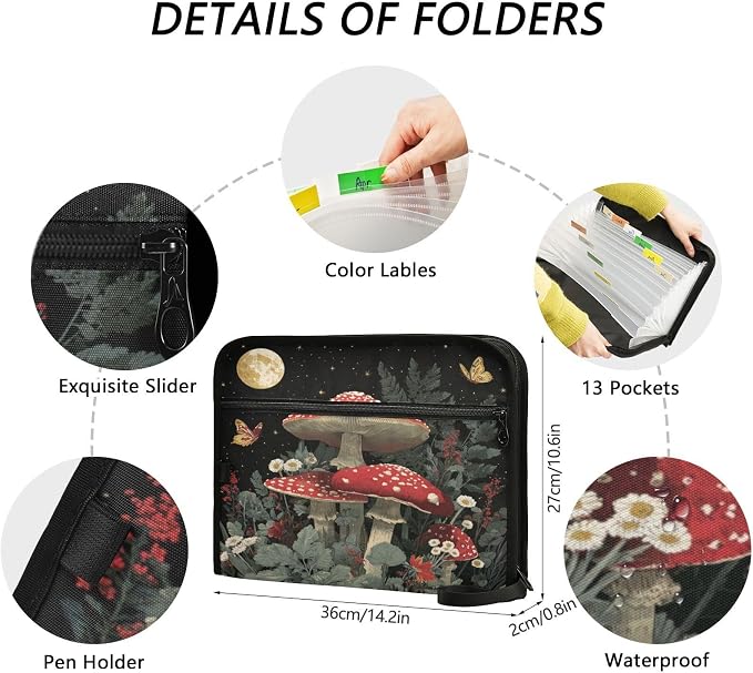 Red Mushrooms Vintage Accordion File Organizer Expanding Document Folder with 13 Pockets Portable File Folder for A4 Letter Size