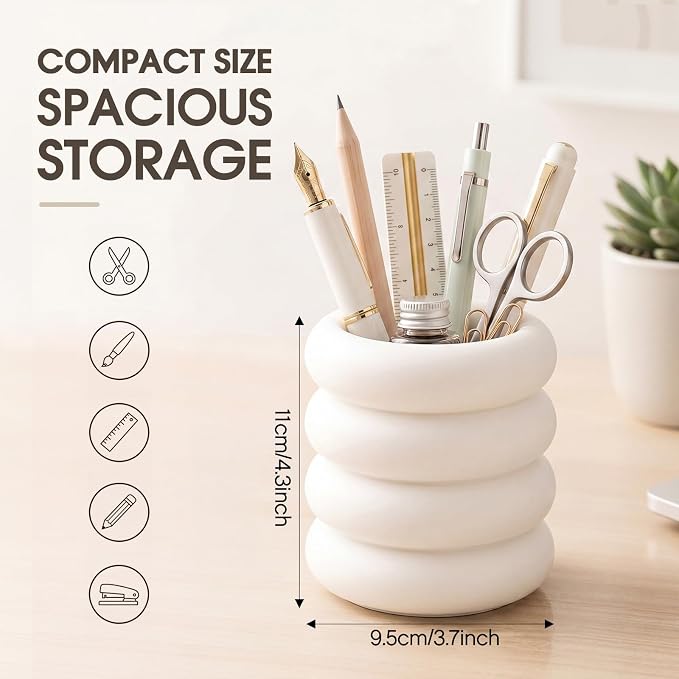 Aesthetic Desk Organizer Boho Pen Holder Modern Pencil Holder Beige Plastic Makeup Brush Organizer for Office Desk Accessories Stylish Home Office Art Decor Supplies(Wavy)