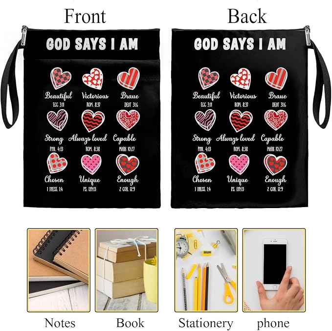 Book Cover Christian Inspired Gift, God Says I AM- Reusable Book Pouch, Christian Book Sleeve Bible Verse Sleeve for Book Lovers (Black-GOD SYAS, Large)