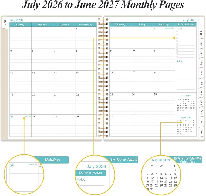 Planner 2026-2027 For Women & Men - Monthly and Weekly Calendar Planner from July 2026 - June 2027, Student Planning with 12 Tabs for Office School Supplies, Inner Pocket, 8.5" x 11", Beige