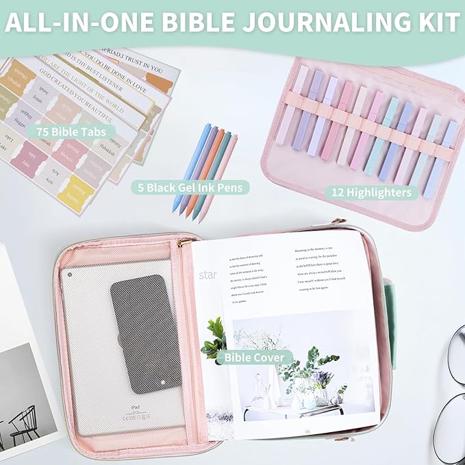 KOPKOFT Bible Cover Case for Women, Large Chenille Letter Leather Bible Case with Bible Study Accessories, Bible Study Supplies Bible Journaling Kit, Christmas Christian Gift for Women Girls (Green)