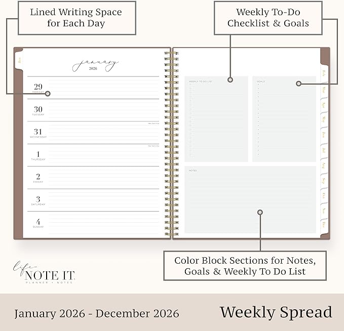 Blue Sky Life - Note it® Planning Calendar + Notes, Weekly/Monthly Layout, Safety Wirebound (Solid Latte- 2026, 8.5" x 11")