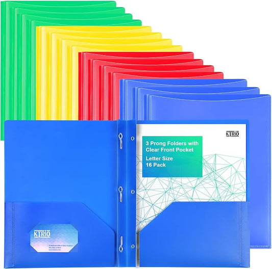 KTRIO 16 Pack 3 Prong Folders, Clear Front Pocket, Letter Size, 4 Colors | Clear Front Pocket, 3 Prong Fasteners, Heavy Duty Poly, Letter Size Fit, 16 Pack 4 Colors