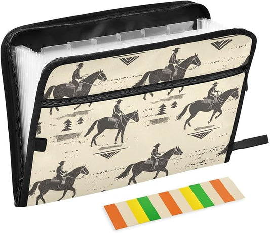 Cowboy Horseback Riding File Folders,Plastic Folders with 13 Pockets,Expandable File Folder for Documents School Students Office,Aesthetic Folder with Labels A4 Letter Size