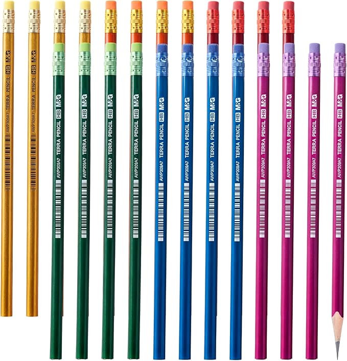 M&G Terra Series 24 Pack HB Triangular Wood-Cased Pencils, Unsharpened with Matching Erasers, Smooth Writing Break-Resistant Core, 6 Solid Metallic-Tone Colors for School Office Classroom Supplies