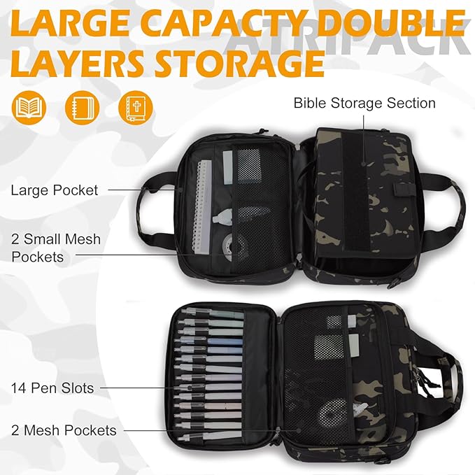 ATRIPACK Tactical Large Bible Cover for Men,Double Layer Bibles Bag With Detachable Book Carrying Case, Covers for Bible Organizer with Zippered Pockets,Church Case with Handle.