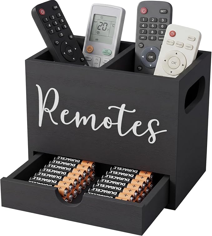 Remote Control Holder, TV Remote Holder with Drawer, Wood Remote Control Organizer for Table, Media Storage Box for Nightstand, Living Room (Black,2 Slots)