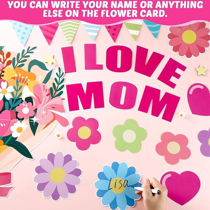 QOUBAI Mother's Day Bulletin Board Set I Love Mom Classroom Bulletin Board Decorations Mothers Day Flower Heart Cutouts Classroom Decorations for Preschool Nursery Toddler Kids Spring Decor Wall Door