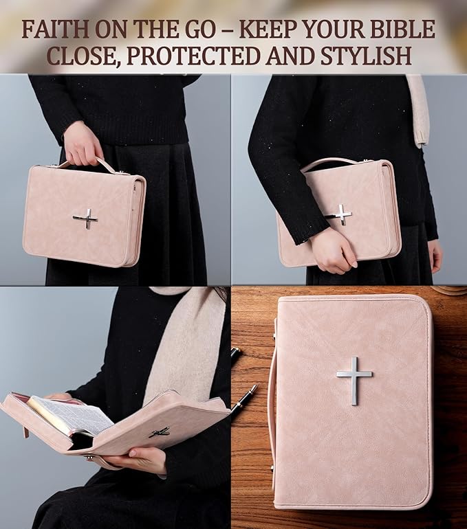 Vegan Leather Bible Cover Case, Bible Bag with Phone Pocket, Bible Case for Men Women, Christian Gift Box Packaging (Pink)