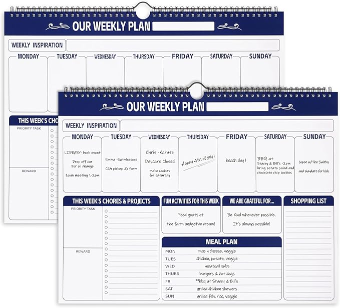 Fulmoon 2 Pcs 52 Sheets Weekly Planner 13 x 17'' Family Planner Spiral Weekly Calendar Habit Tracker Calendar Family Meal for Wall Planning Organizing Goals Tasks Chores(Classic)