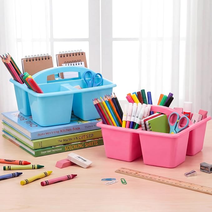 AceOrbit 4 Pack Pastel Classroom Caddy with Handle 9x9x5 Inch Pink Blue Plastic Classroom Desk Caddy Organizer with 3 Compartments for Pencil Crayon Marker Storage, Home Teacher Office School Supply