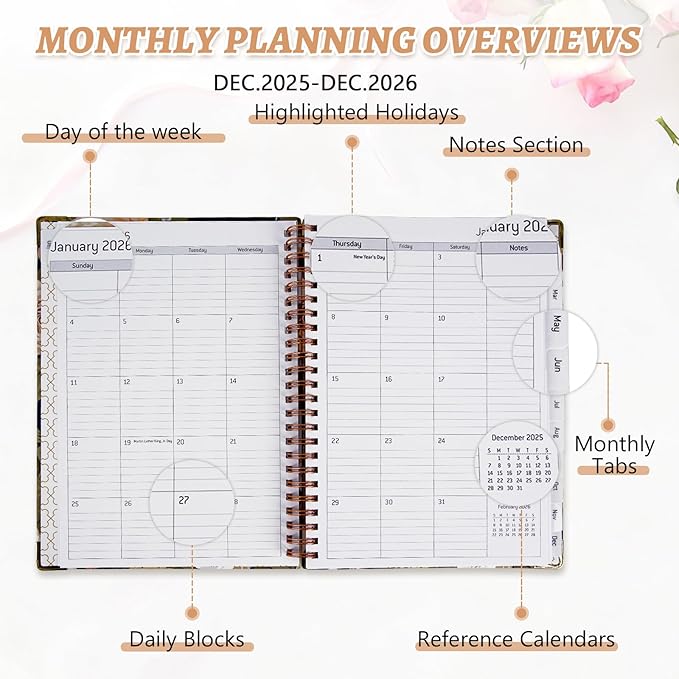 2026 Appointment Book, Weekly and Monthly Calendar Planner for Women, Jan 2026 - Dec 2026, Hardcover Planning Agenda book with Tabs, Spiral Bound, Inner Pocket, Perfect for School Office Supplies, 8.4" x 6.3" (Rosa)