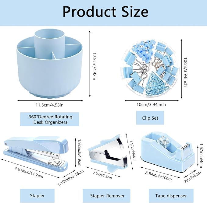 Office Supplies,Bblue Desk Accessories,Office Supplies Set,Desk Organizer,Stapler,Tape Dispenser,Scissors,Staple Remover,Binder Clips,Staples,Ballpoint Pen,Index Tabs with Ruler,Clear Tape.10pcs