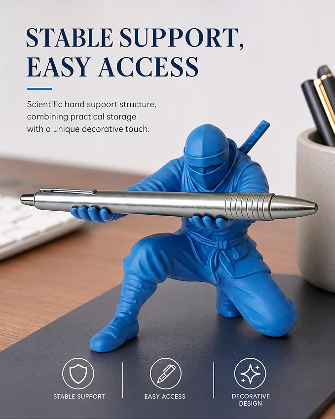 Ninja Pen Holder, 3D Printed Single Pencil Holder Display Stand, Cool Desk Organizers and Decor for Men, Birthday Gift, Father's Day, Office, Home (Blue)