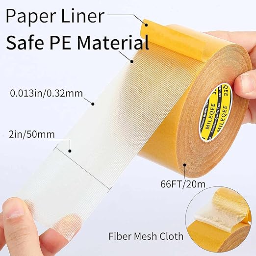 Double Sided Tape Heavy Duty, 2" x 66FT(20m), Universal High Tack Strong Wall Adhesive with Fiberglass Mesh, Super Sticky Resistente Clear Tape, Easy Use Mounting Tape for Home Office School