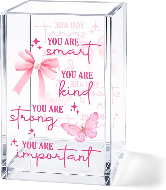 Butterfly Acrylic Pen Holder Cup, Inspirational Affirmation Desk Decor, Positive Quotes Pencil Holder Organizer, Aesthetic Office Accessories, Gift for Women Teen Girls