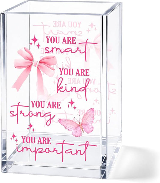 Butterfly Acrylic Pen Holder Cup, Inspirational Affirmation Desk Decor, Positive Quotes Pencil Holder Organizer, Aesthetic Office Accessories, Gift for Women Teen Girls