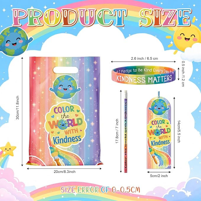Resurhang 200 Pcs Color the World with Kindness Assorted Items Bulk 50 Set Kindness Week Plastic Goody Bag Bookmark Pencil Be Kind Bracelets Accessories for Anti Bullying Month Party Favor