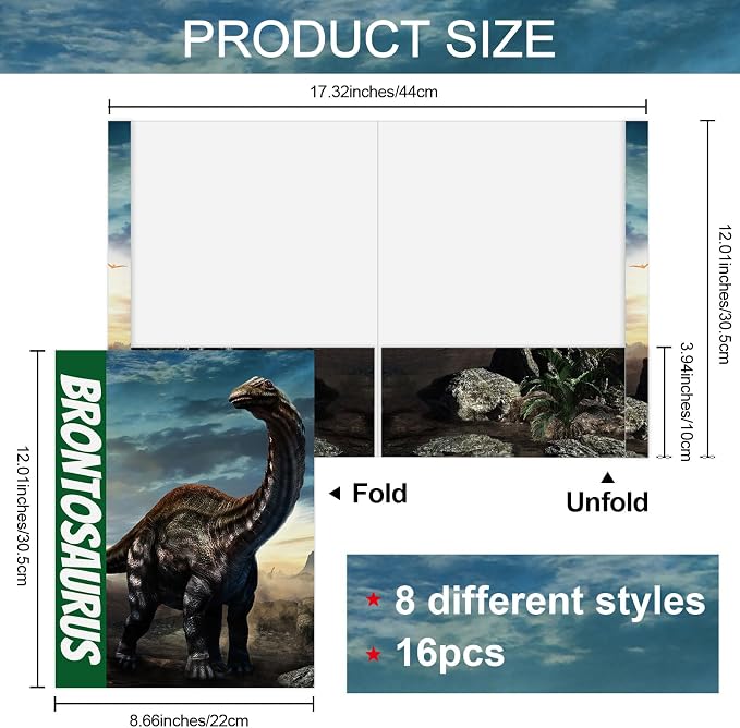 16PCS Dinosaur File Folders for Kids Pocket Folders for School Documents Folder Binder with 2 Pockets File Folders Decorative Office Products Letter Size