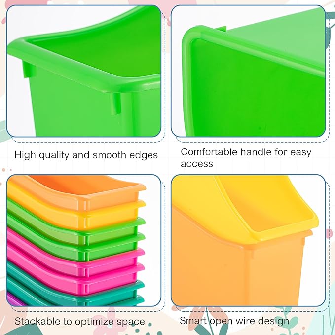 Geetery 12 Pcs Book Bin for Classroom with Labels Stackable Plastic Organizing Bins 11.5 x 5.4 x 7.5 in Book Holders Storage Bins Box Baskets for Classroom Library Home (Bright Color)