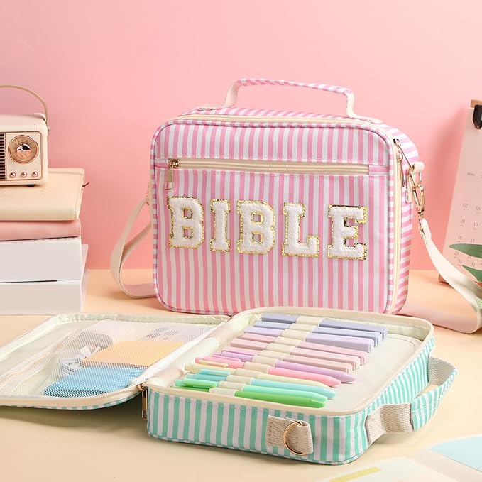 Dansydaisy Bible Cover Case for Women Large Chenille Letter Stripe Church Bible Bag with Shoulder Strap for Women(Pink)