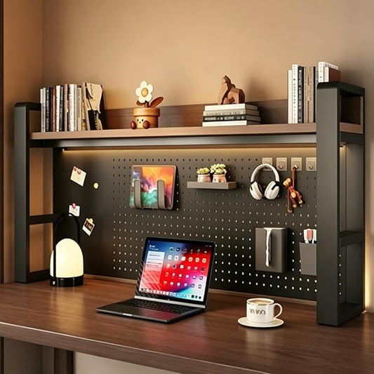 Desk Shelf Organizer with Pegboard & Storage Parts, 45kg Heavy Duty Desk Hutch, Desktop Storage Rack for Office & Home Office Shelves Black Shelf/Walnut Board (2-Tier) 29.5×10×26"