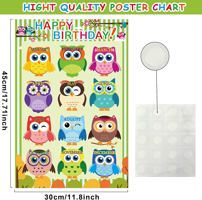 Happy Birthday Chart for Classroom, 2Pcs Birthday Poster Decoration 17’’ x 12’’ Birthday Owl Calendar Cutouts for School Bulletin Board, Chalkboards, Wall Decor