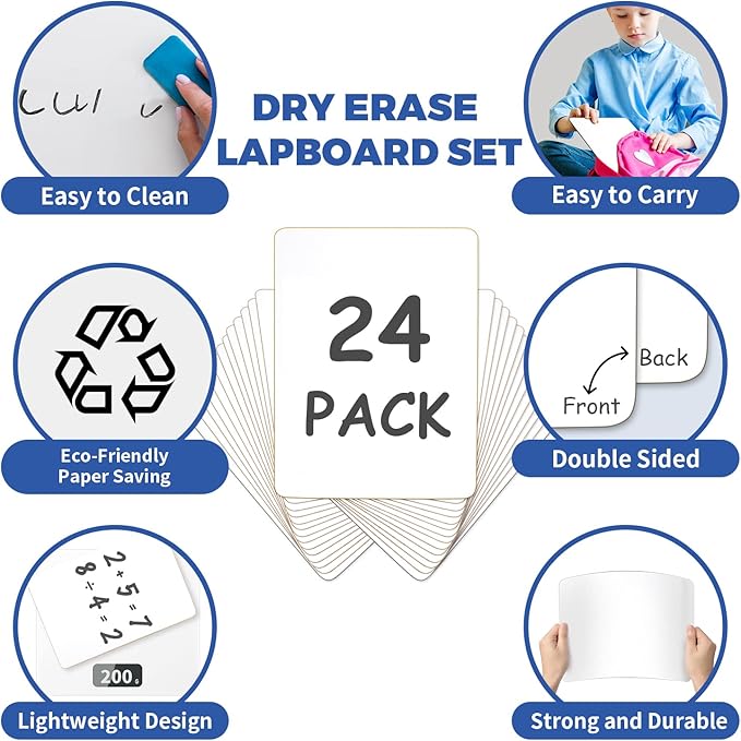 24 Pack Dry Erase Board, 9"x12" Double-Sided White Board with 24 Erasers for Students, Portable & Reusable Small White Lapboards Bulk for Classroom/Homeschool/Teacher