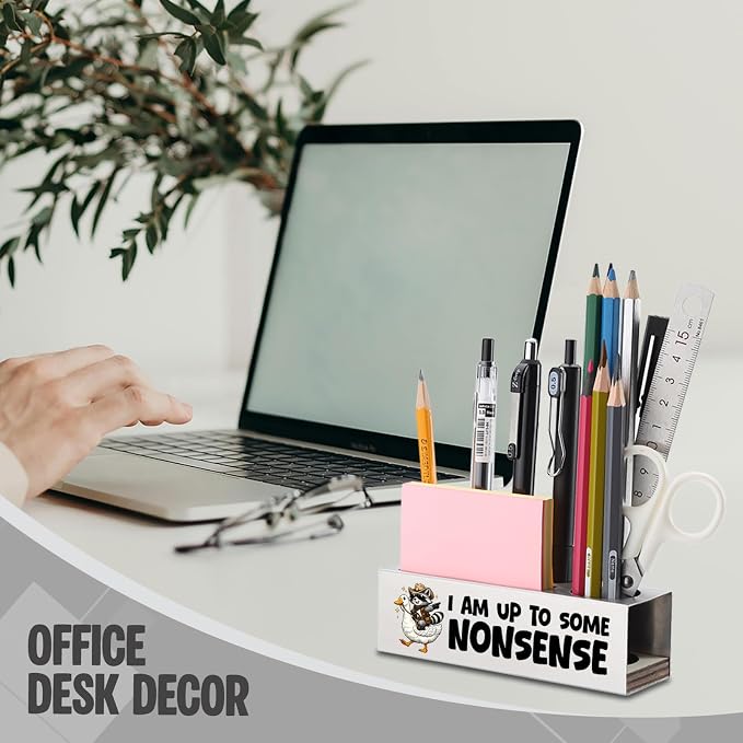 FOKCBOCM Funny Office Pen Holder with Raccoon Duck Design, Stainless Steel Desk Organizer Gift for Coworker, Playful Humor Workspace Decor, Cute Desk Accessory-DS117