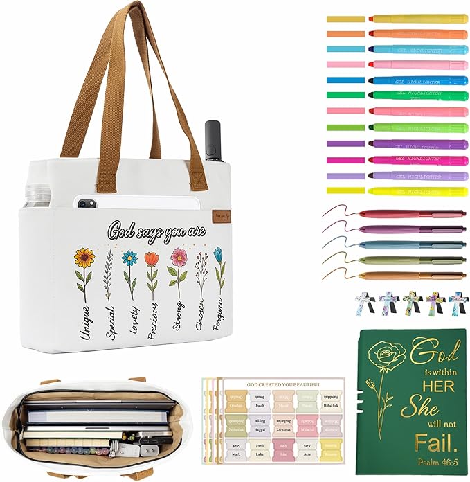 25 PCS Bible Study Supplies Kit, Large Capacity Canvas Tote Bag for Women Organizer, Bible Highlighters and Quick Dry Pens No Bleed Through, Notebook Bible Tabs Cross Bookmark Journaling Accessories