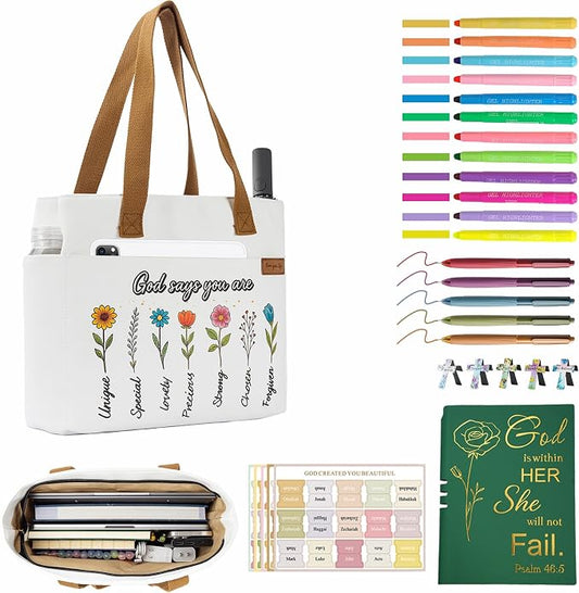 25 PCS Bible Study Supplies Kit, Large Capacity Canvas Tote Bag for Women Organizer, Bible Highlighters and Quick Dry Pens No Bleed Through, Notebook Bible Tabs Cross Bookmark Journaling Accessories