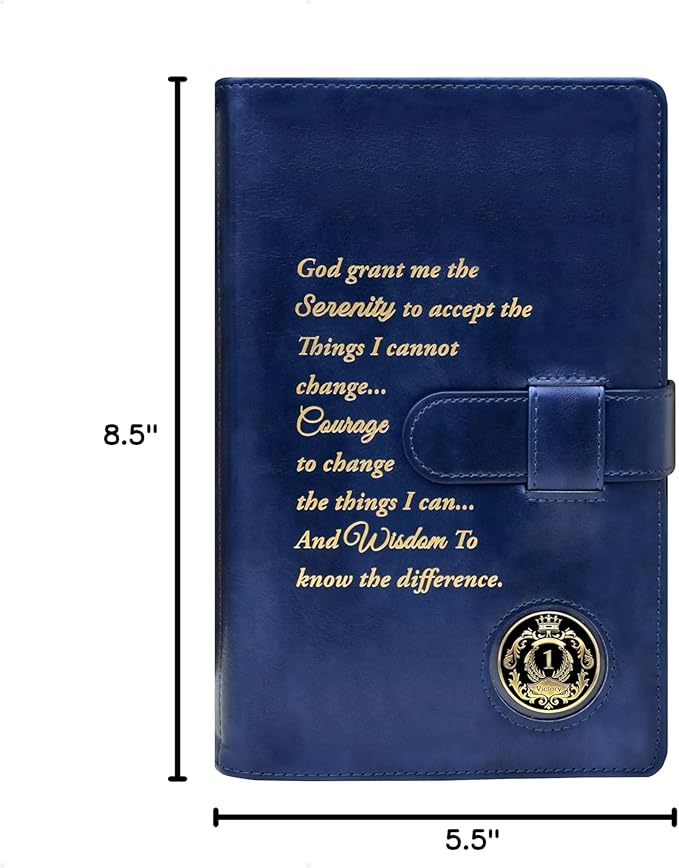 GALILEO® Double AA Big Book Cover & 12 Steps & 12 Traditions | AA Gift | Alcoholics Anonymous | PU Leather | Coin Holder | AA Book Covers (Serenity Prayer/Coin Pocket/Royal Blue Metallic)