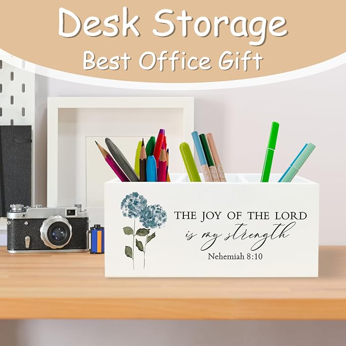 Hydrangea Christian Decor, Hydrangeas Pen Holder for Office Desk, Religious Hydrangea Gifts for Women Men, Bible Verse Christian Wooden Pencil Holder Sign Organizer for Desk Accessories