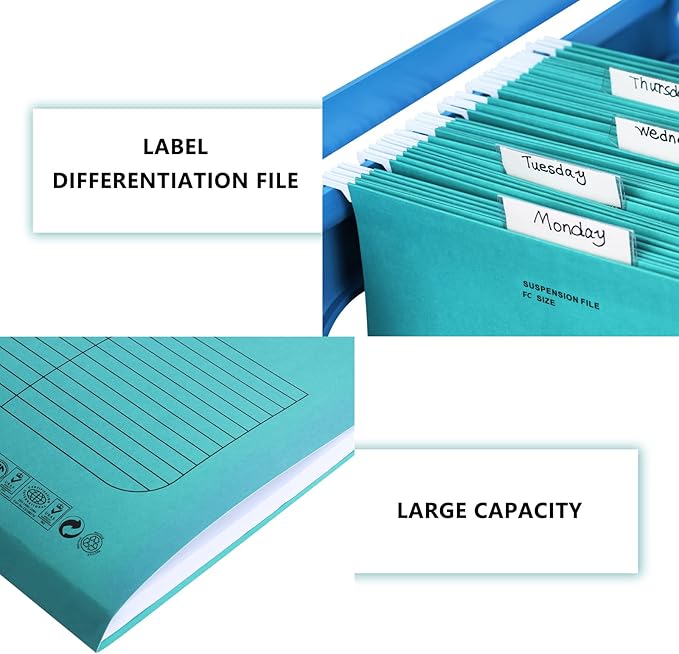 Hanging File Folder, A4 Suspension Files Holder, Hang Folder, Filing Cabinet Suspension File with Tab and Label for School Home Office, Blue, 25 Pack