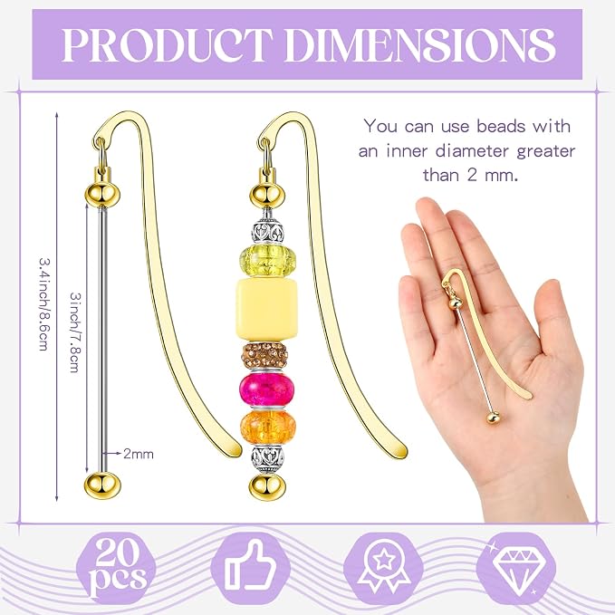 Dunzoom 20 Pcs Beadable Bookmarks DIY Metal Blank Bar Bookmark for Beads Modern Bead Craft Jewelry Pendant Charm Gift for Book Lovers Student Teacher Office Supplies (Multi Color)