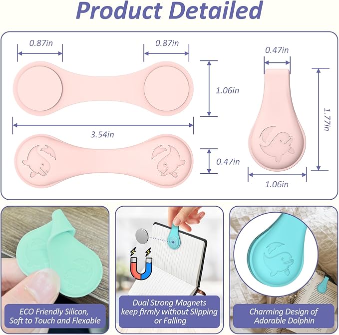 Magnetic Silicone Bookmarks for Reading Book, 3 PCS Extra Strong Magnetic Book Mark Clip Cute Dolphin Book Page Holders Accessories Gift for Women, Men, Book Lovers, Teachers, Readers, Kids