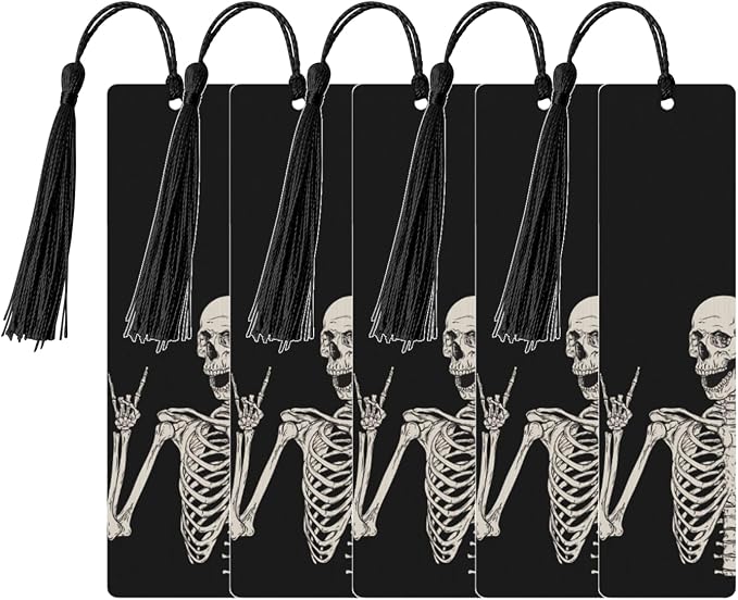 Skull Double-Sided Printed Wooden Bookmarks 5Pcs, Rock and Roll Book Accessories Birthday Presents for Men Women Presents for Book Lovers (5 Piece Set)