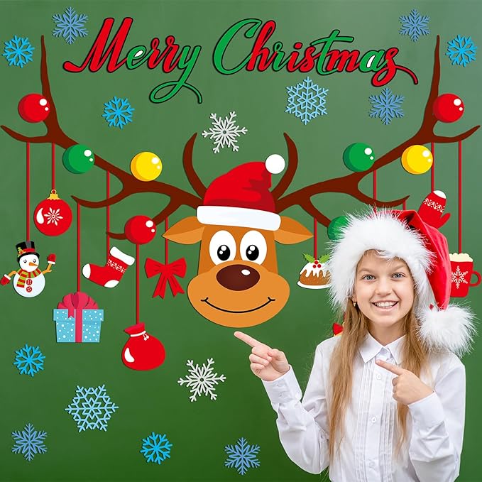 Christmas Bulletin Board Set Classroom Decorations Large Elk Snowflakes Paper Cutouts Merry Christmas Bulletin Boards Xmas Classroom Supplies for Kids Winter School Nursery Home Chalkboard Wall Decor