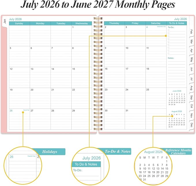 2026-2027 Planner - 8.5" x 11" Weekly Monthly Planner from July 2026 to June 2027 with 12 Monthly Tabs, Inner Pocket, Elastic Closure, Pink