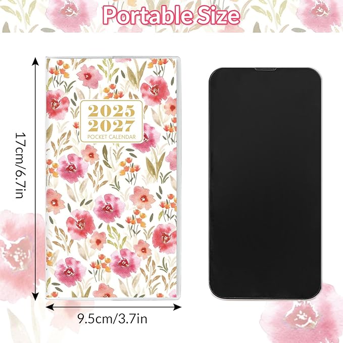 Pocket Calendar 2025-2027, Floral Pocket Calendar -3.7" x 6.7" - Runs from July 2025 until December 2027, Calendar Planner for Purse with PVC Cover for Planning, Organizing and Office