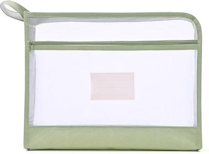 Mesh Zipper Pouch Bag with Handle, A4 Sized Double-Layer Clear Nylon Document Bags with Label, 14 x 10 in File Puzzle Storage Organizer for School Office Travel Supplies (Green)